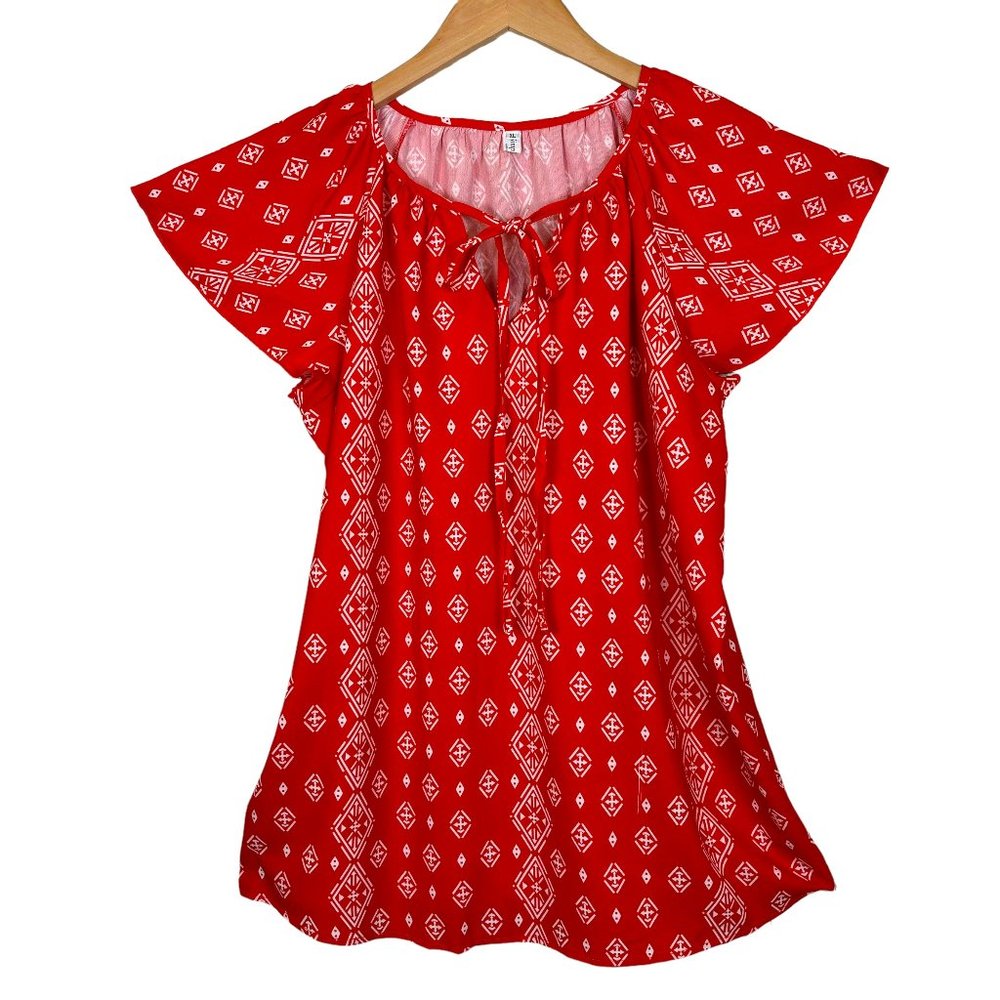 SimpleFun Top Womens XL Orange White Geometric Pullover Short Sleeve NWOT